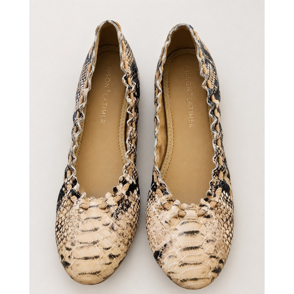 Gibson Latimer Womens Snakeskin Print Scalloped Ballet Flats Tan Black Size 8M
